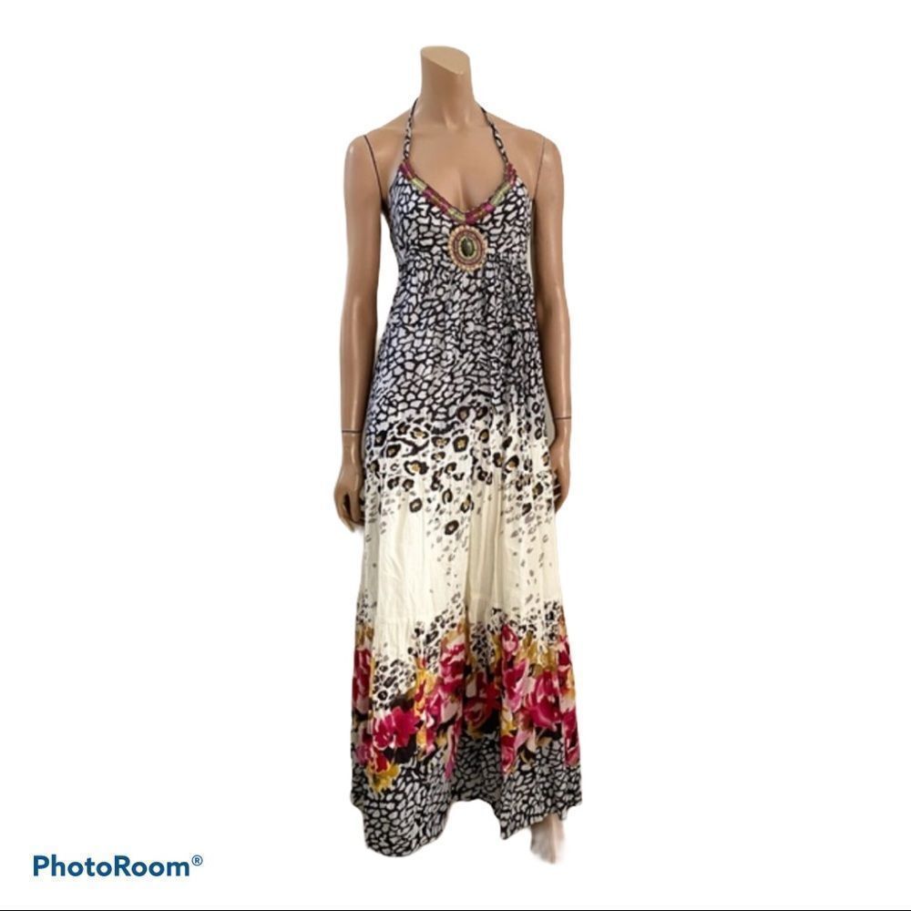 Rene Derhy Halter Sleeveless Print boho Maxi Dress S